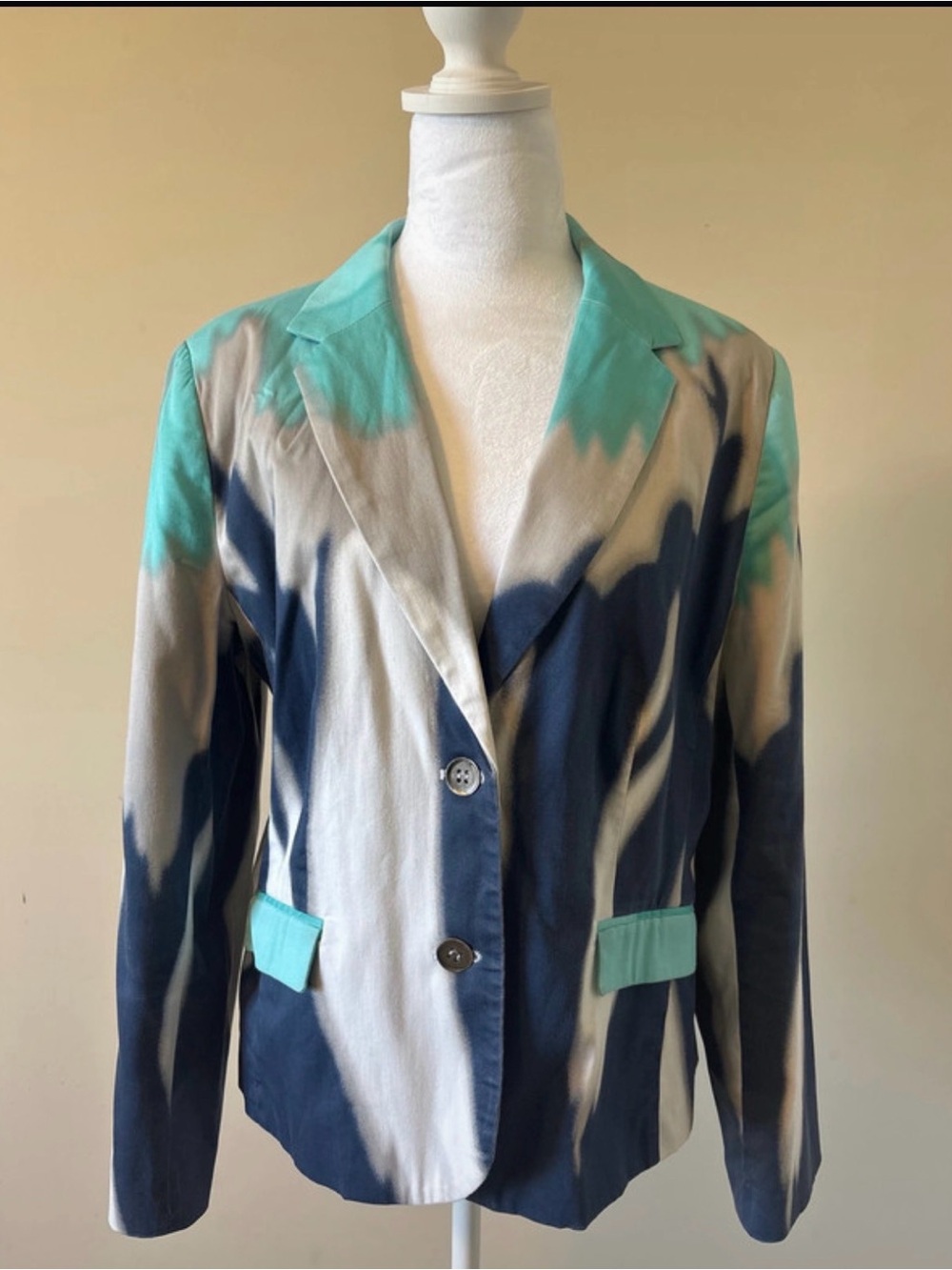 Monroe & Main Aqua, Navy & Cream Tie-Dye Single-Breasted Blazer